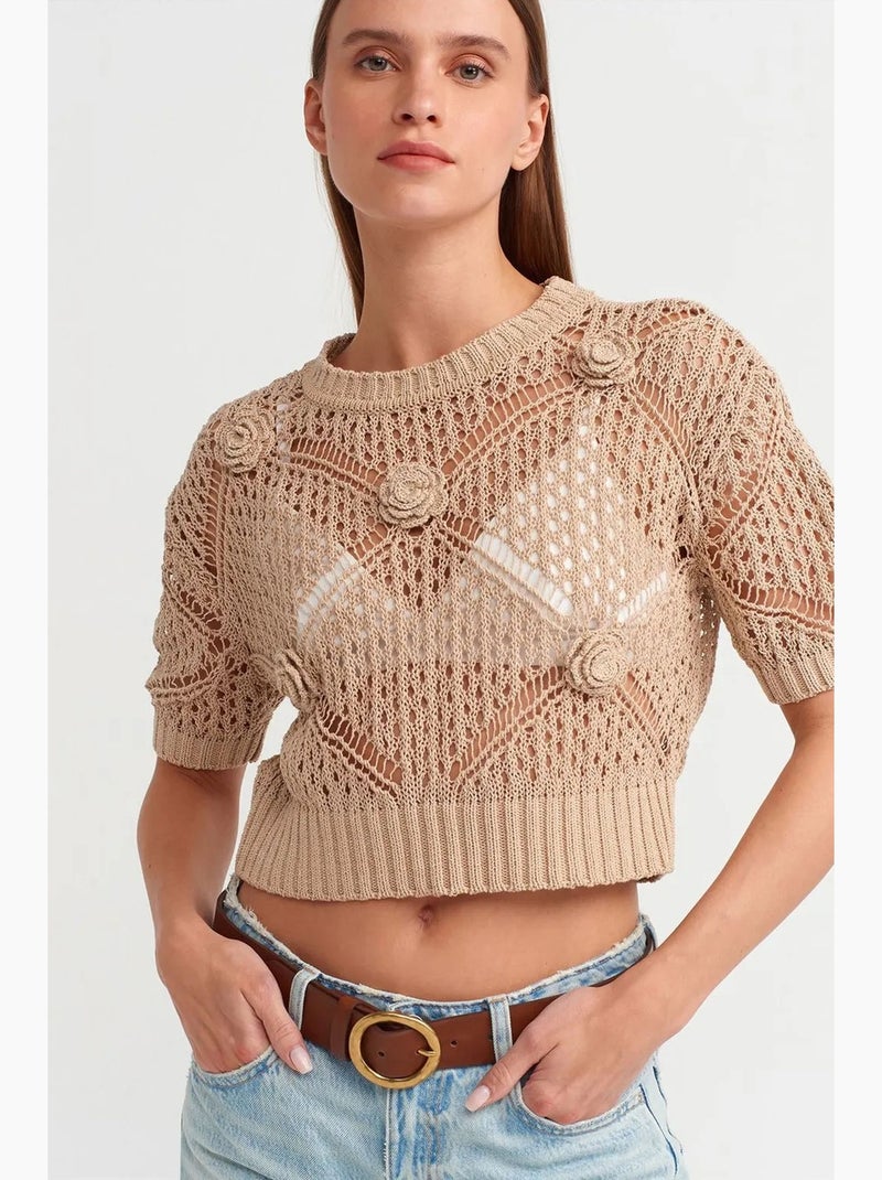 Pull court femme texturé à col rond dilvin Beige argile - Kiabi