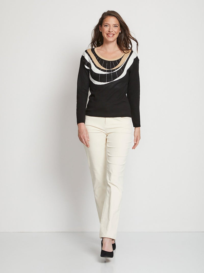 Pull court jacquard strassé col rond - Afibel Noir Beige - Kiabi