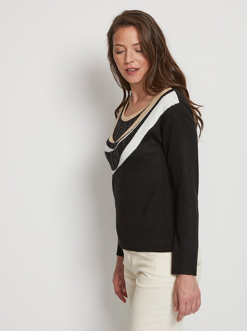 Pull court jacquard strassé col rond Noir Beige - Kiabi