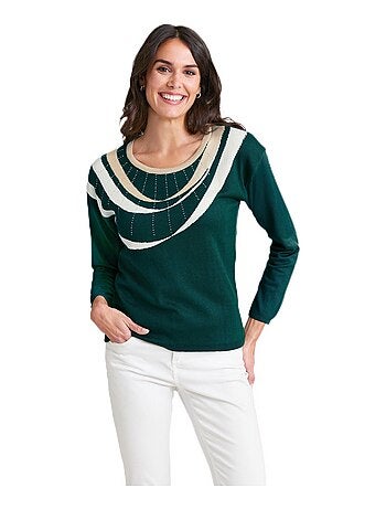 Pull court jacquard strassé col rond