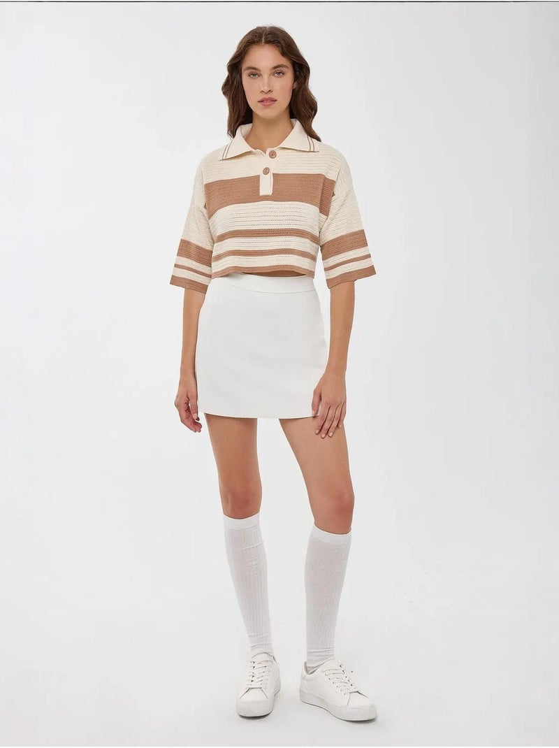 Pull court rayé à col polo Beige naturel - Kiabi