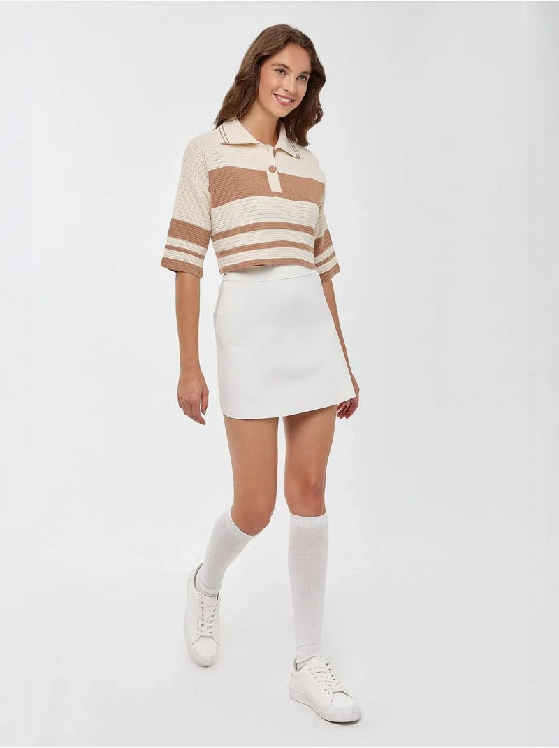 Pull court rayé à col polo Beige naturel - Kiabi