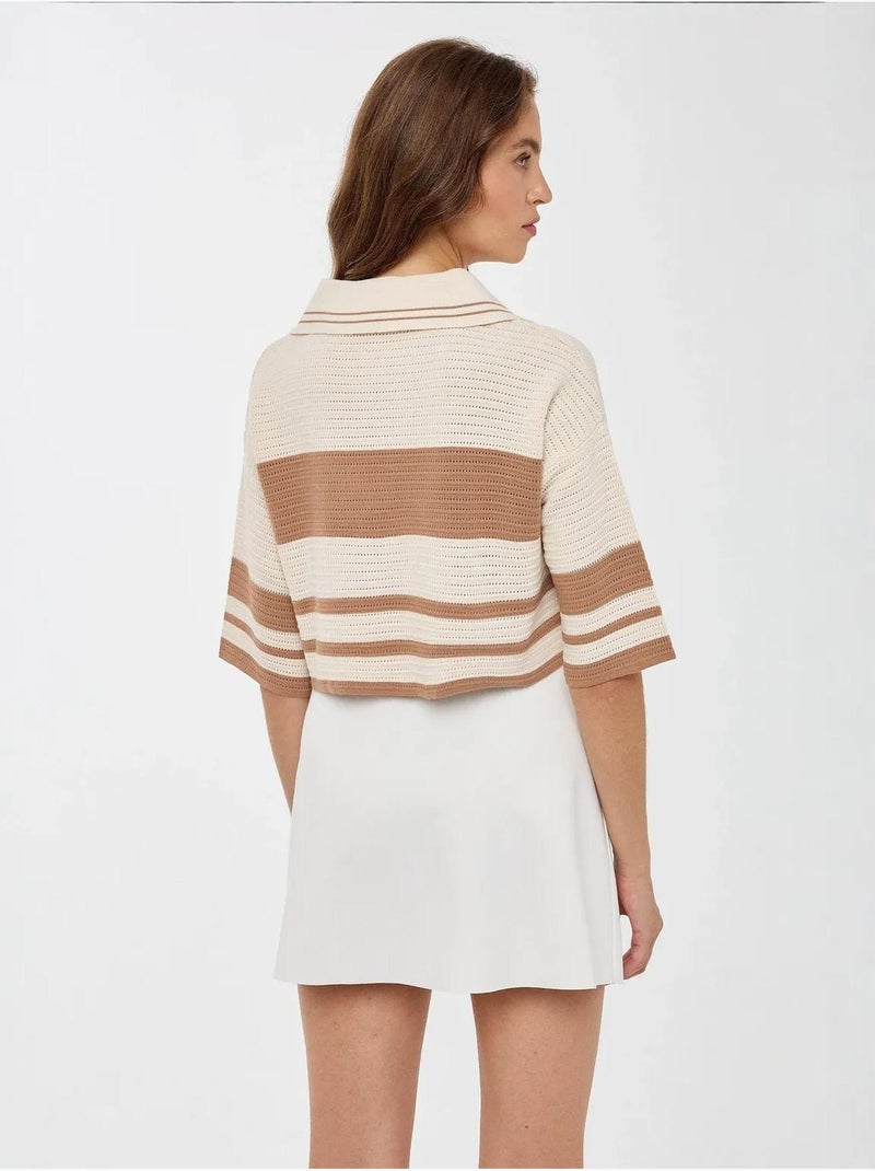 Pull court rayé à col polo Beige naturel - Kiabi