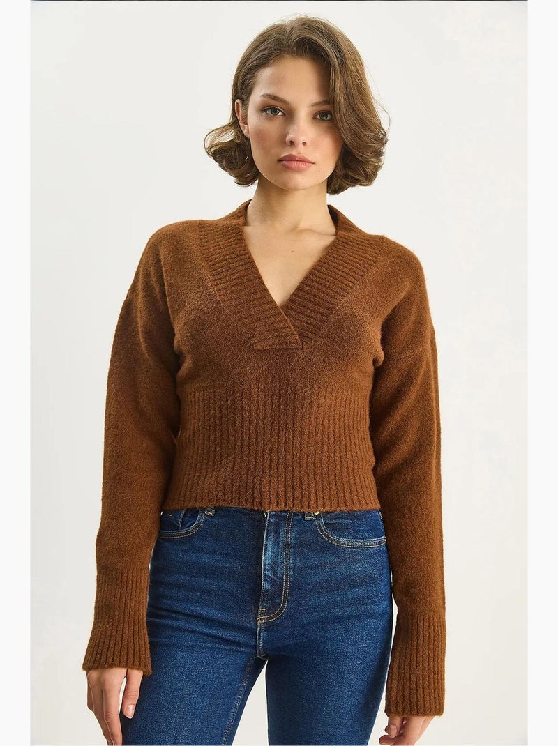 Pull court slim côtelé à col en v lucci Camel - Kiabi