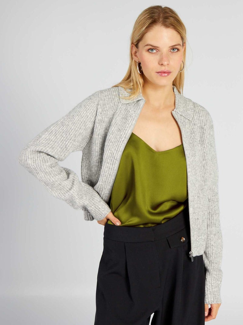 Pull court zippé en maille Gris - Kiabi