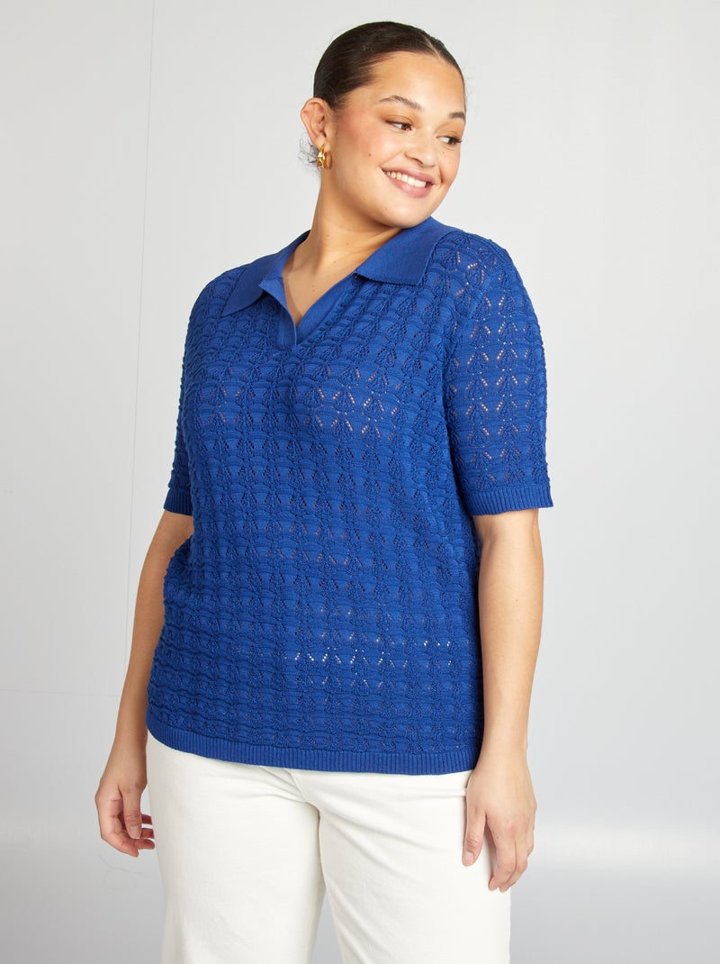 Pull crochet à manches courtes bleu - Kiabi
