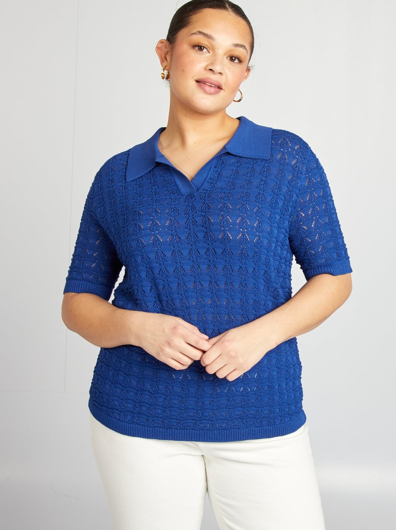 Pull crochet à manches courtes bleu - Kiabi
