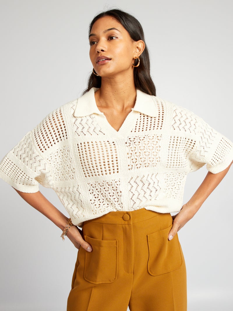 Pull crochet avec col polo Beige - Kiabi