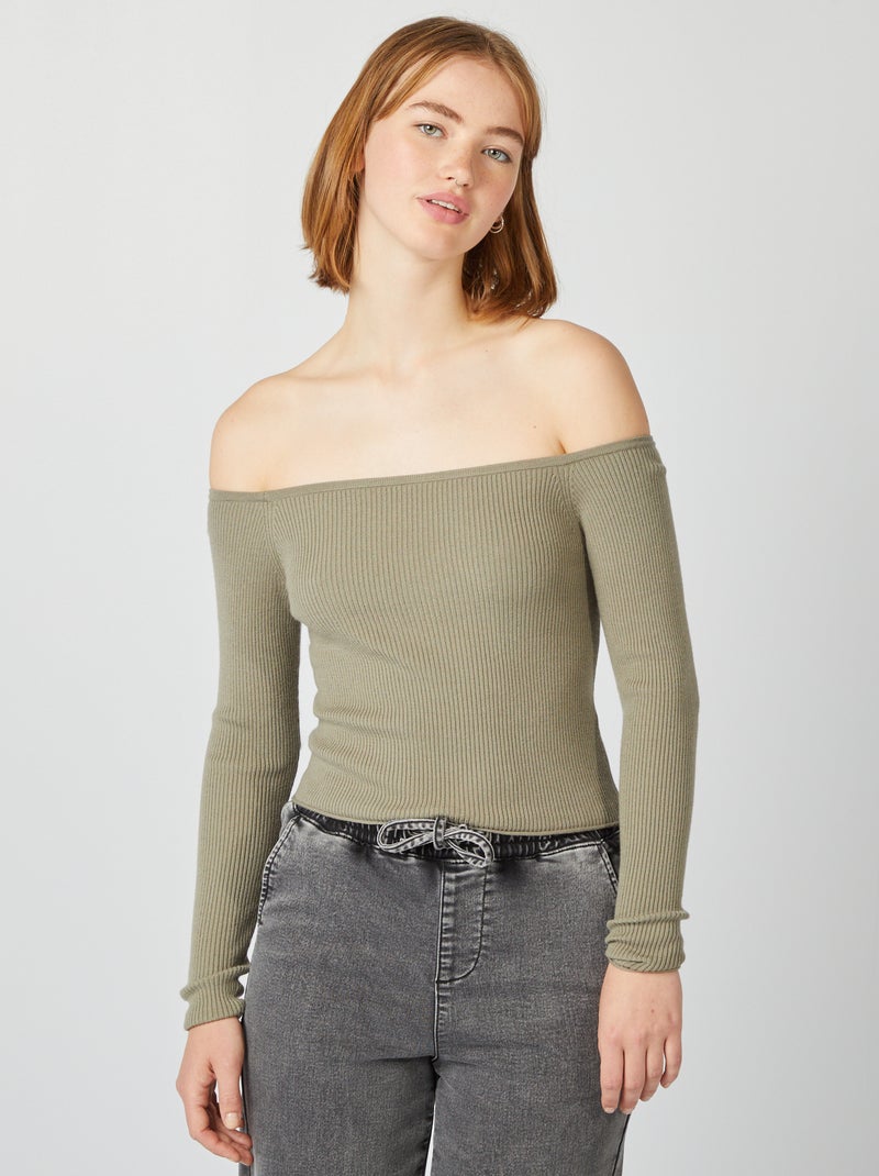 Pull crop top col bardot Kaki - Kiabi