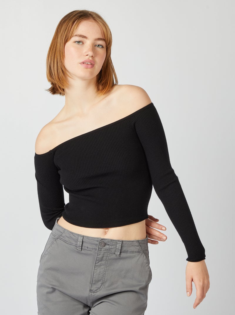 Pull crop top col bardot noir - Kiabi