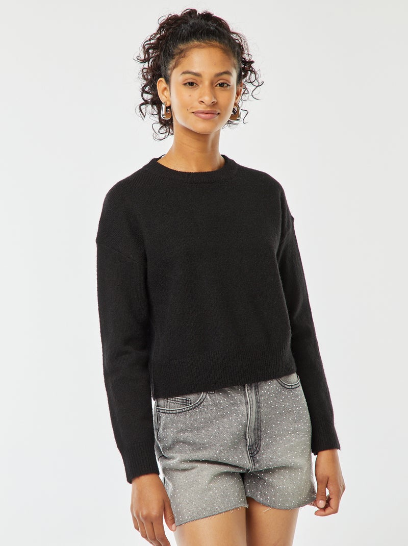 Pull crop top en maille douce Noir - Kiabi