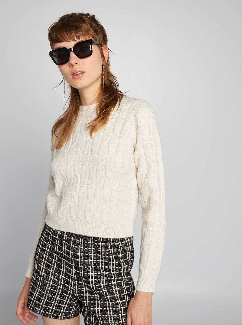 Pull crop top en maille torsadée Crème - Kiabi