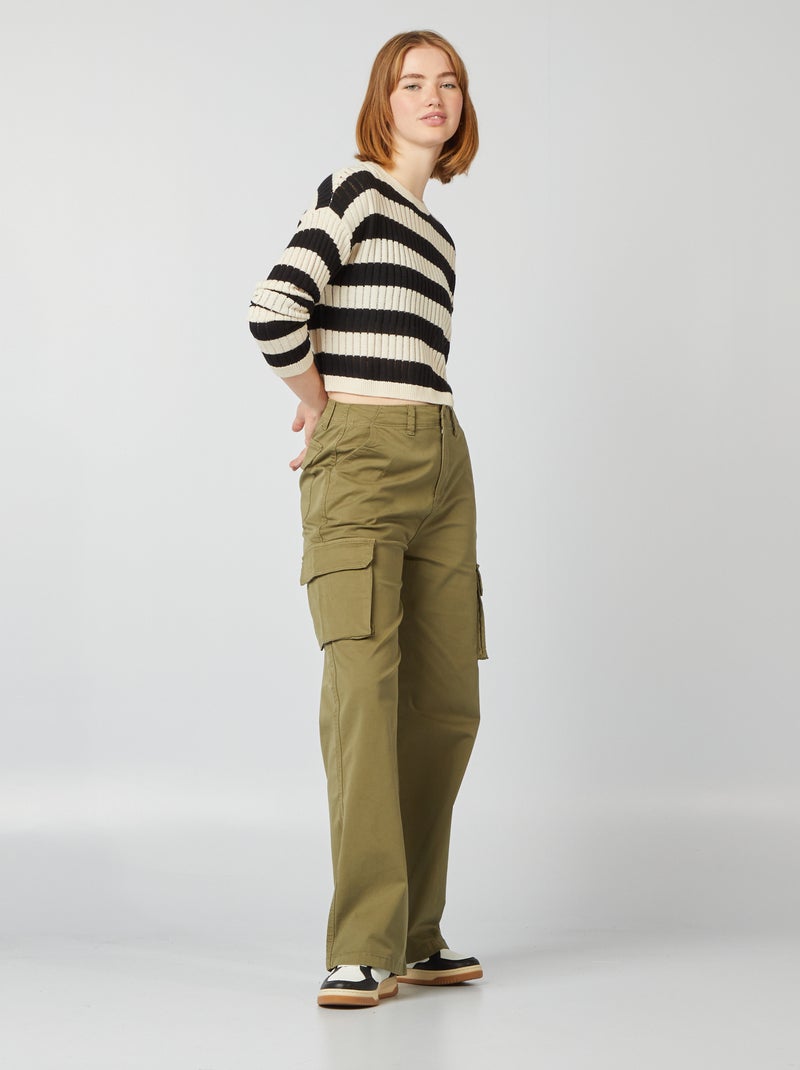 Pull crop top maille ajourée Blanc/noir - Kiabi