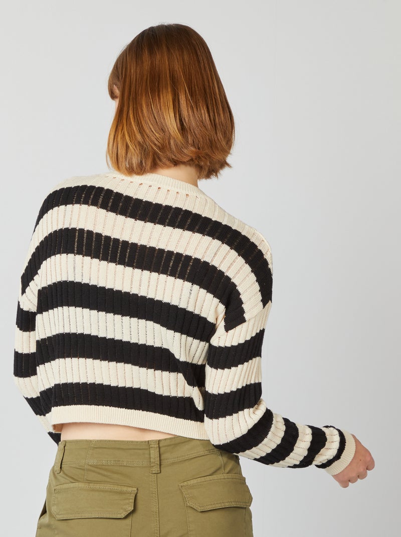 Pull crop top maille ajourée Blanc/noir - Kiabi