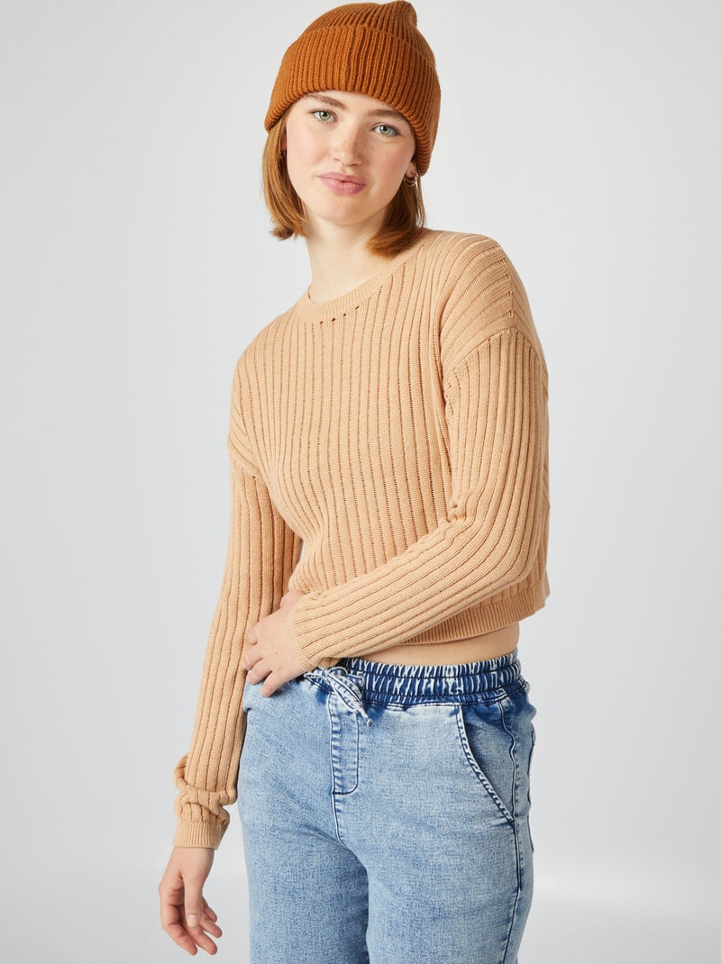 Pull crop top maille ajourée Brun - Kiabi