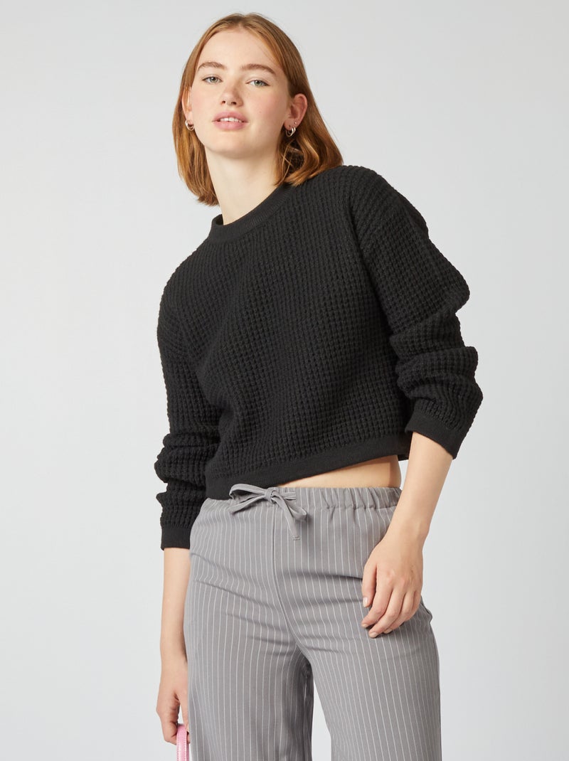 Pull crop top maille fantaisie noir - Kiabi