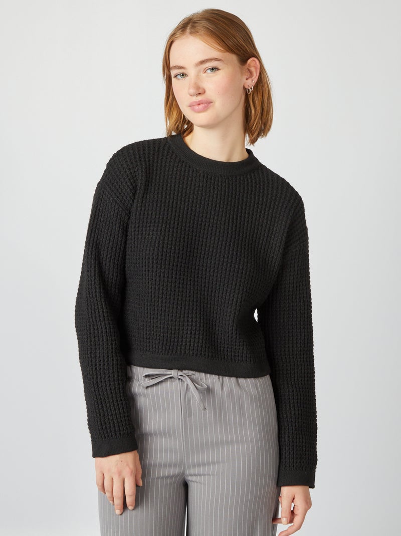 Pull crop top maille fantaisie noir - Kiabi