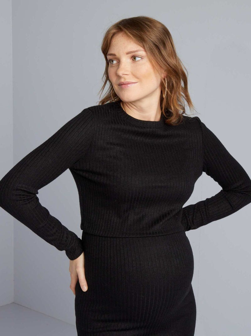 Pull cropped grossesse en maille côtelée noir - Kiabi
