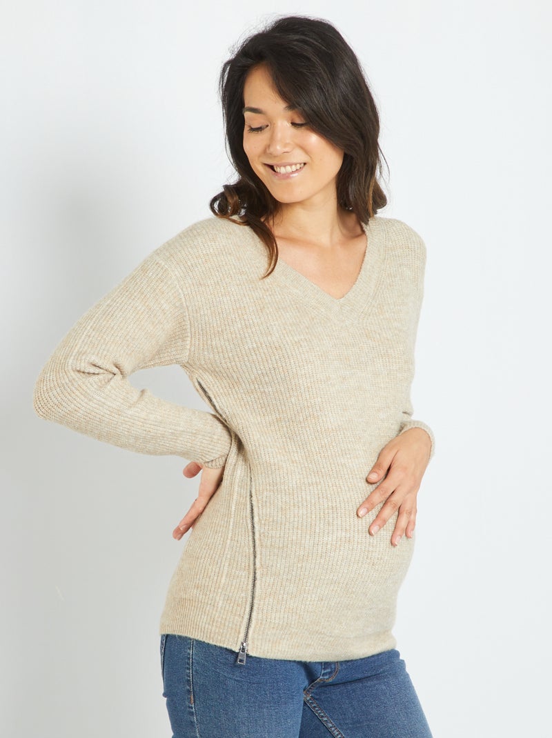 Pull d'allaitement col V Beige - Kiabi