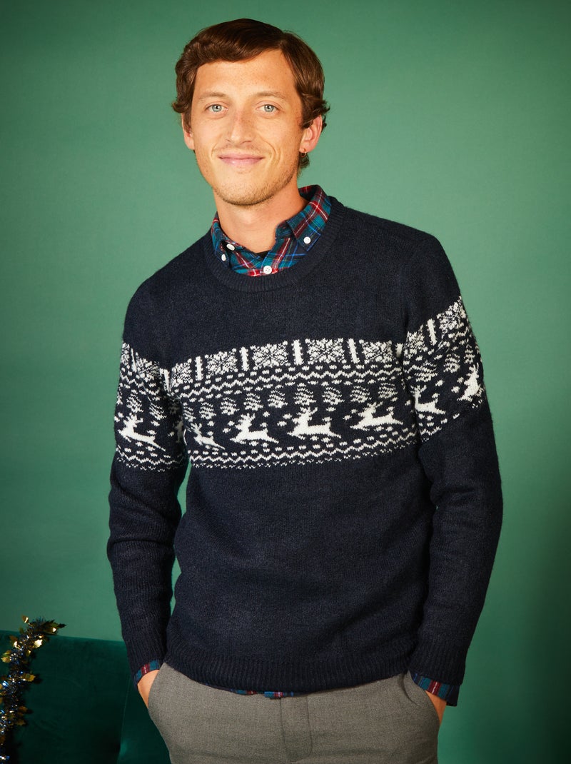 Pull de Noël avec cerfs et flocons Bleu marine - Kiabi