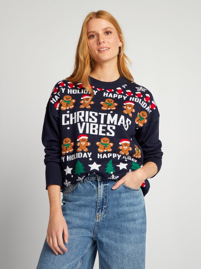 Pull de Noël 'Christmas Vibes' Bleu - Kiabi