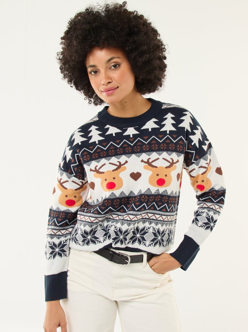 Pull de Noël en jacquard 'renne' Bleu Femme Kiabi