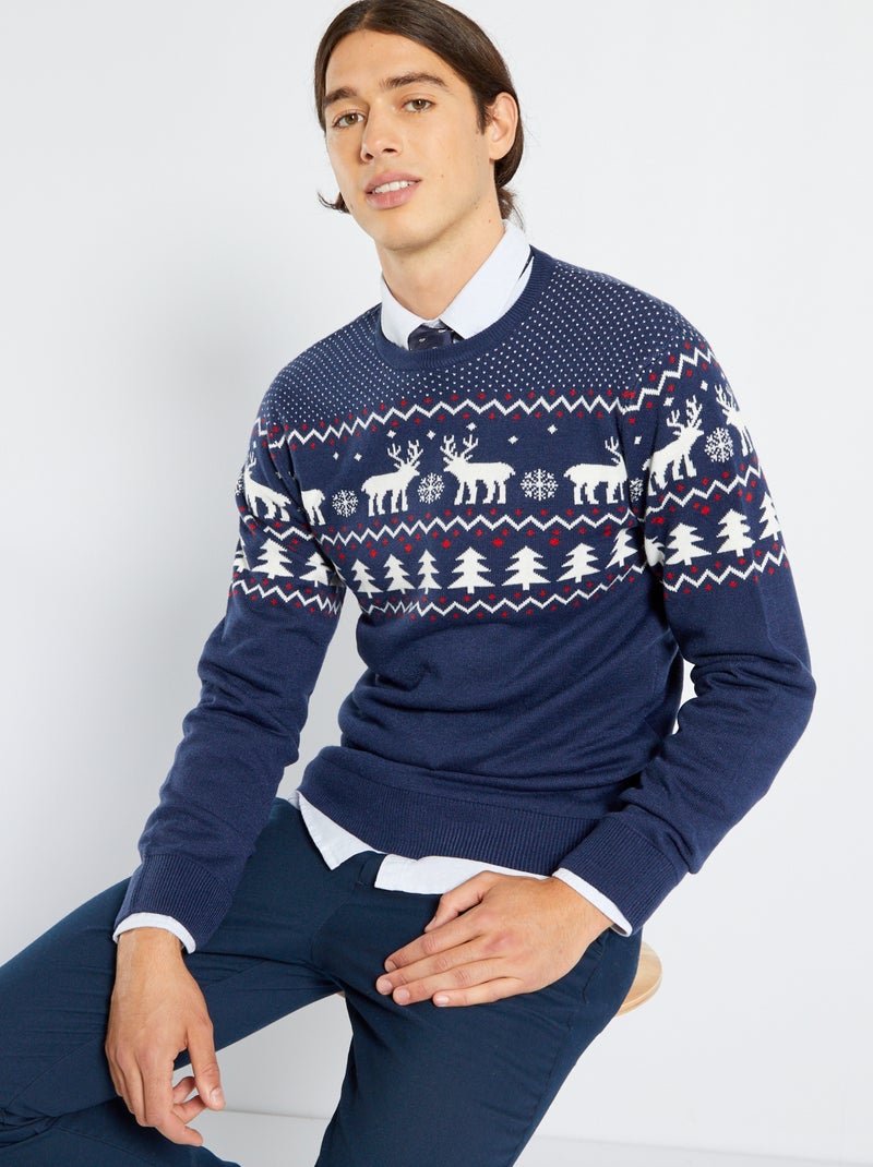 Pull de Noël en maille Bleu - Kiabi
