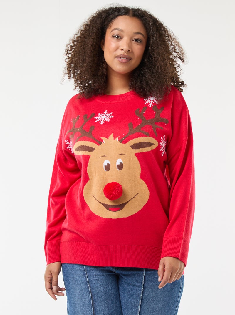 Pull De Noël Rouge In Extenso - Motif Renne Et MERRY XMAS - Taille M Acrylique