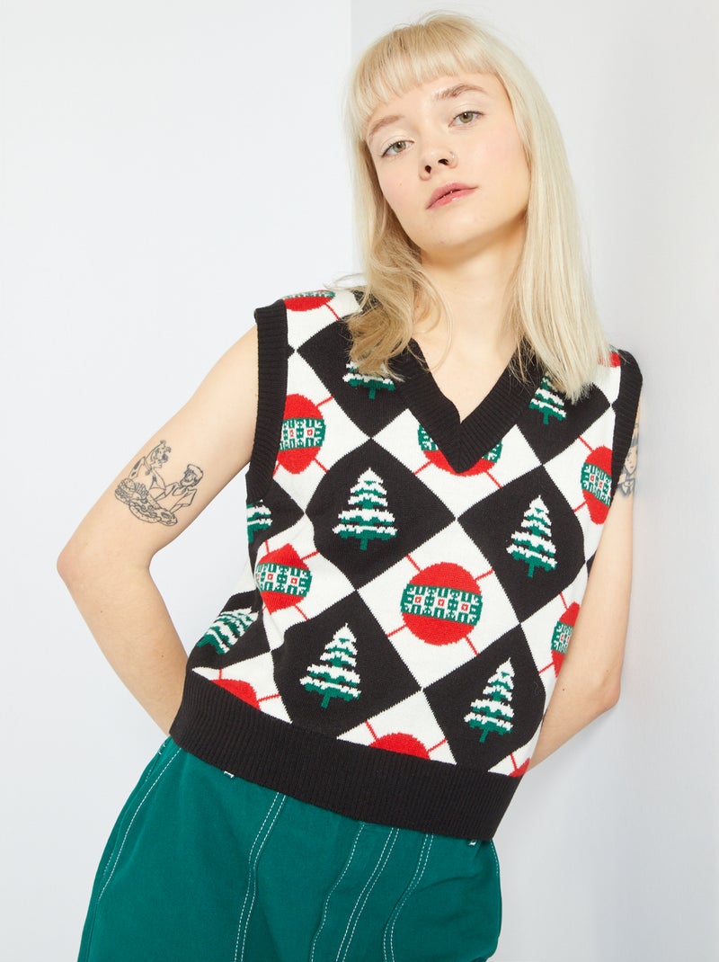 Pull de Noël sans manches Noir/blanc/rouge - Kiabi