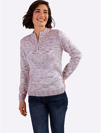 Pull décontracté avec col montant à glissière et finitions côtelées - Taille standard - Moda Vilona