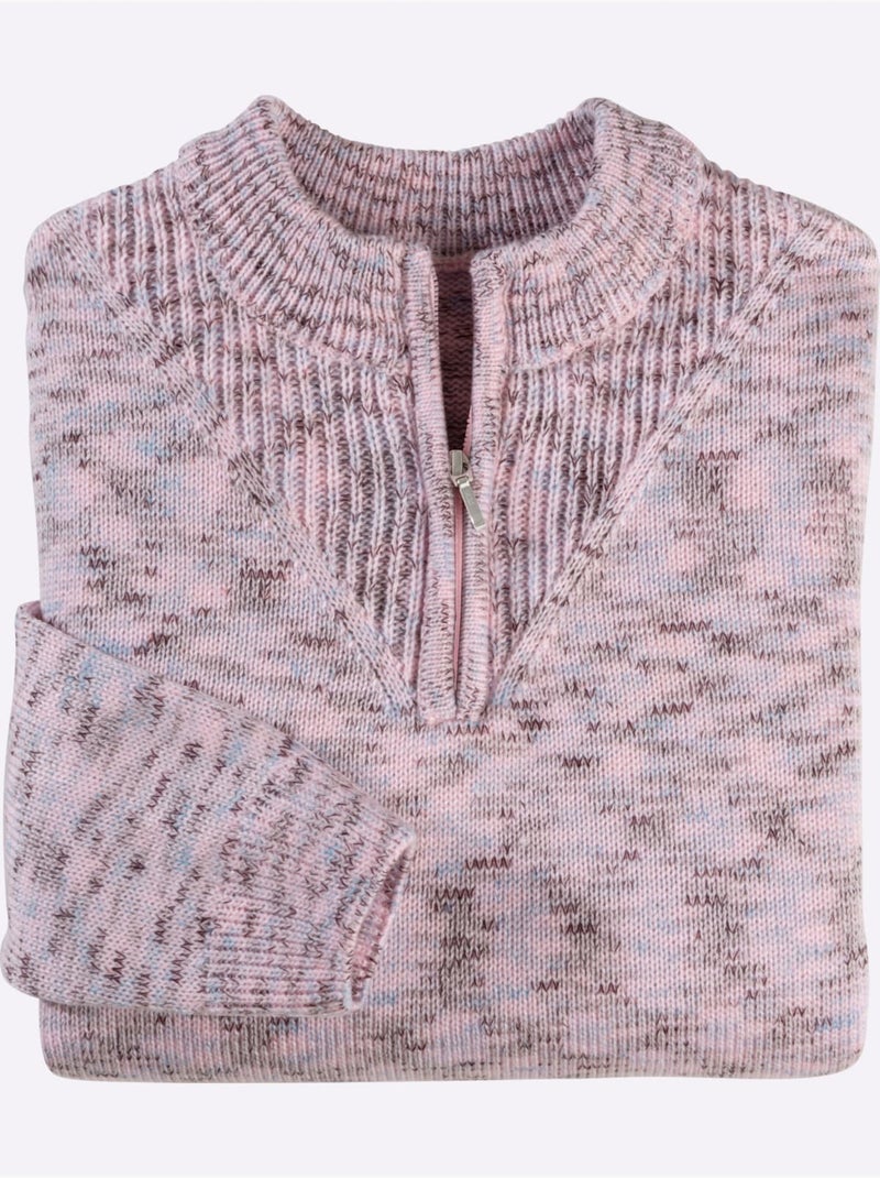 Pull décontracté à col montant avec finition côtelée et glissière - Taille standard - Moda Vilona Rose clair - Kiabi