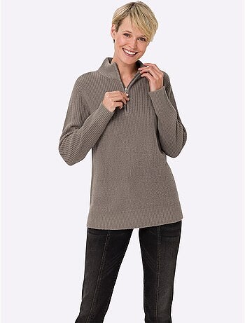 Pull décontracté à col montant avec glissière et manches longues - Taille standard - Moda Vilona