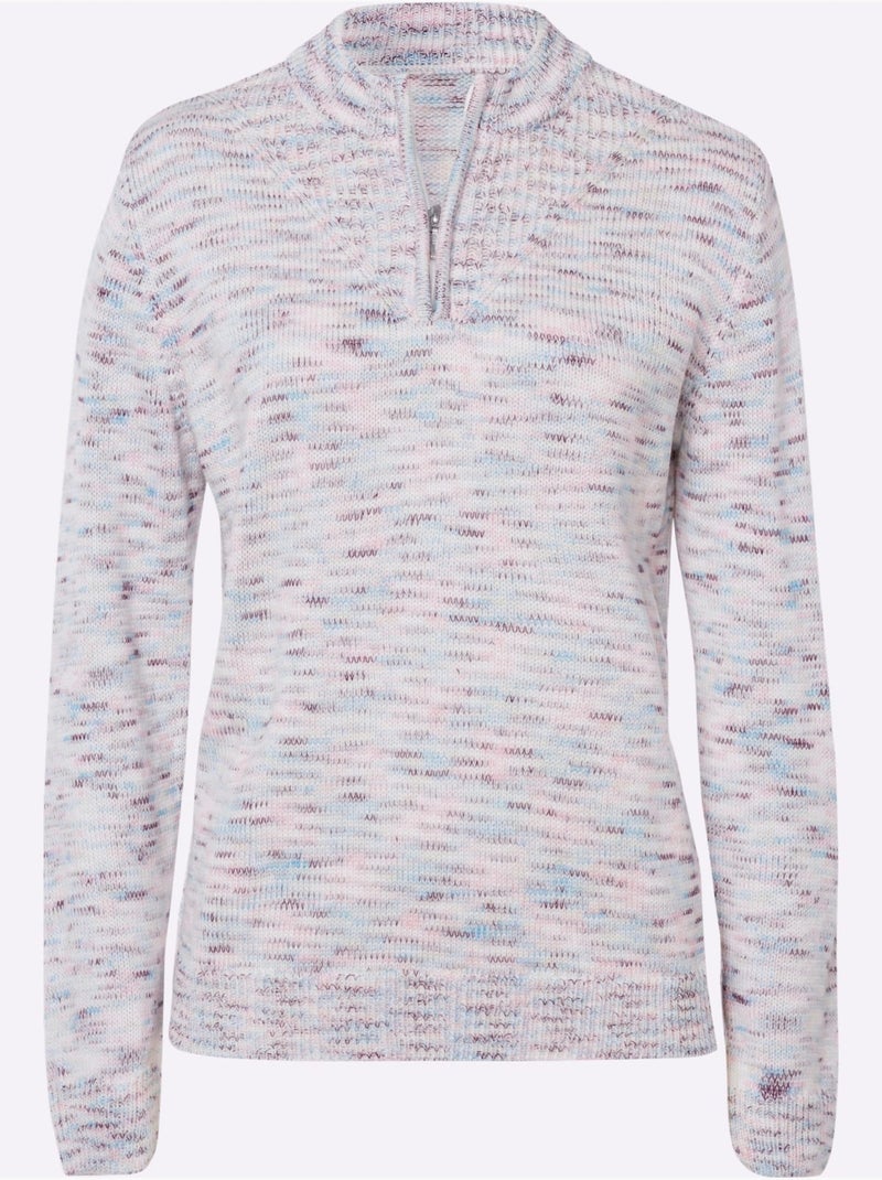 Pull décontracté avec col montant à glissière et finitions côtelées - Taille standard - Moda Vilona Beige chiné - Kiabi