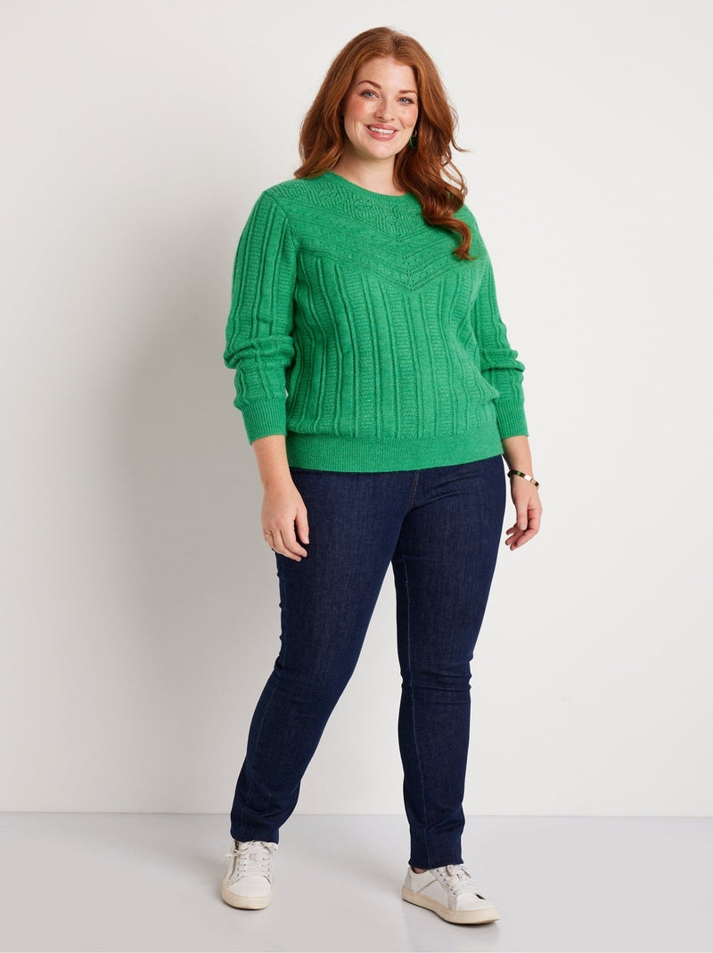 Pull doux ajouré boules col rond - Afibel Vert - Kiabi