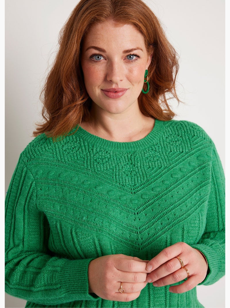 Pull doux ajouré boules col rond Vert - Kiabi