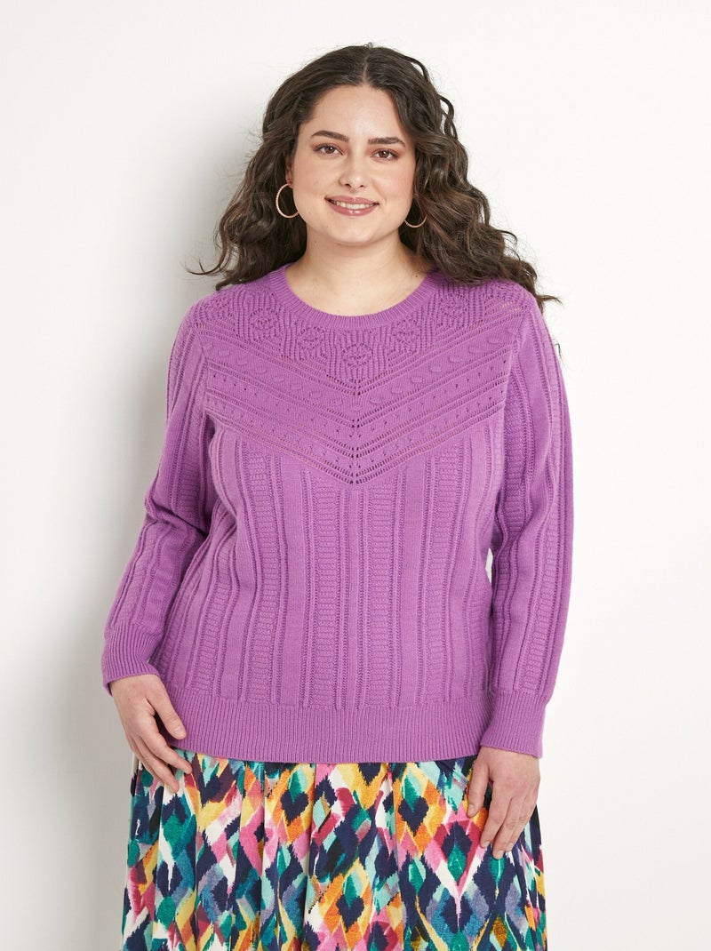 Pull doux ajouré boules col rond Violet clair - Kiabi