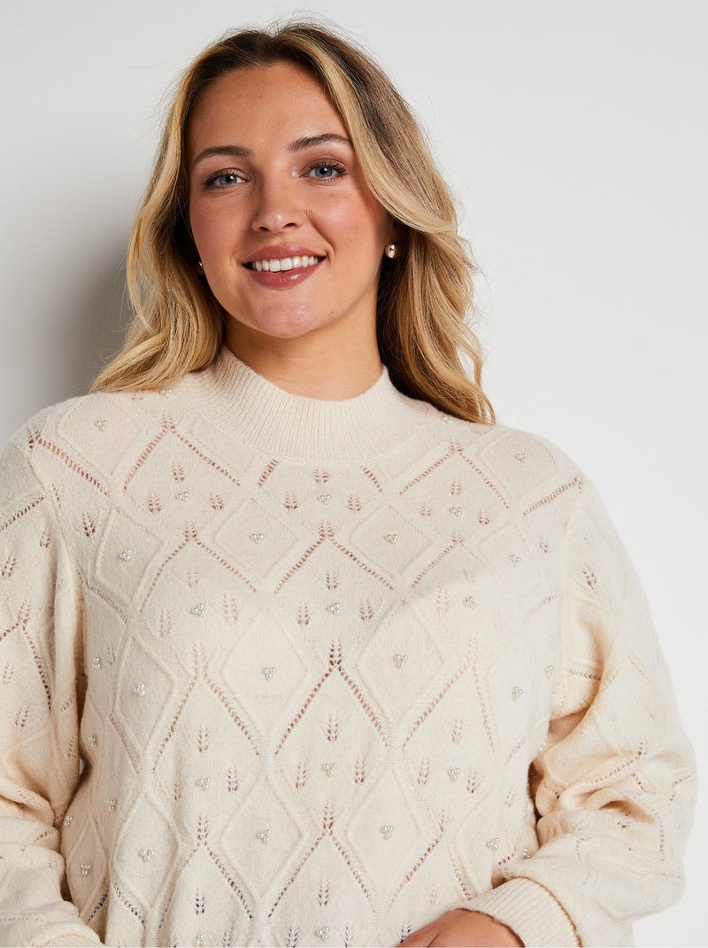 Pull doux ajouré perlé col montant - Afibel Beige - Kiabi