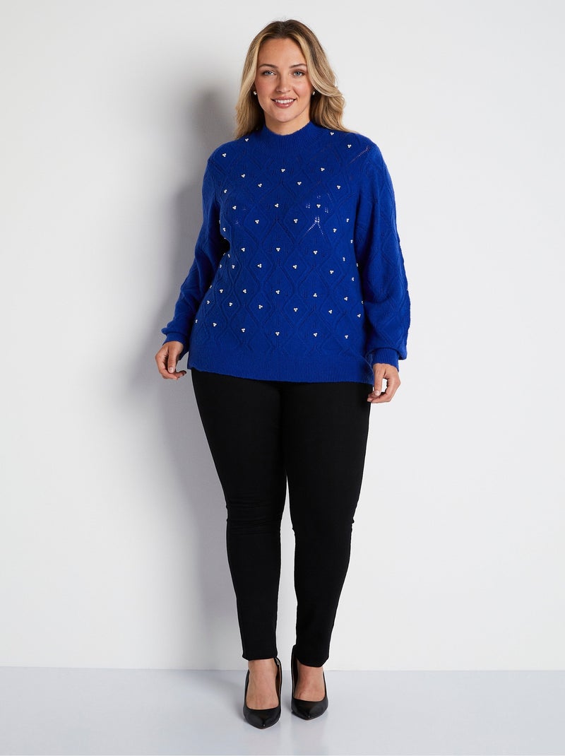 Pull doux ajouré perlé col montant - Afibel Bleu - Kiabi