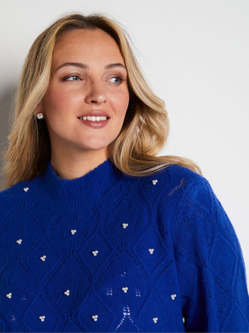 Pull doux ajouré perlé col montant - Afibel Bleu - Kiabi