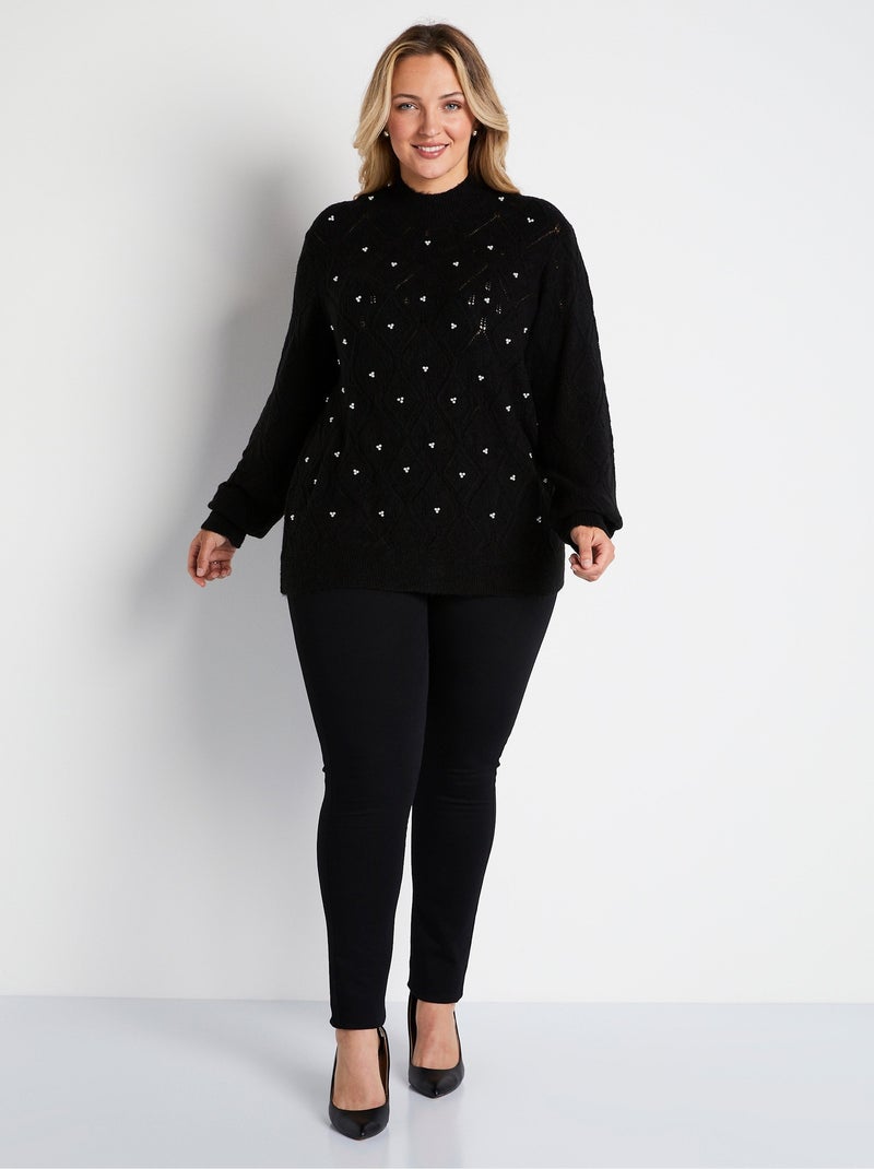 Pull doux ajouré perlé col montant - Afibel Noir - Kiabi