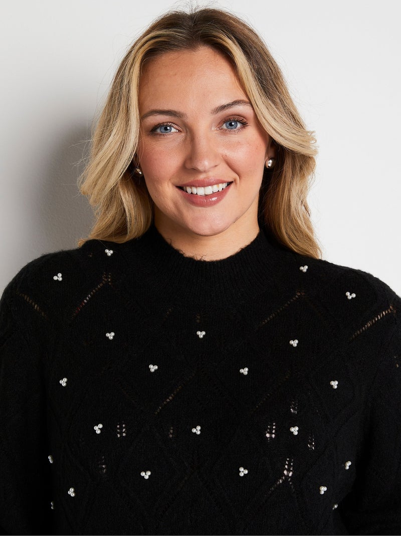 Pull doux ajouré perlé col montant - Afibel Noir - Kiabi