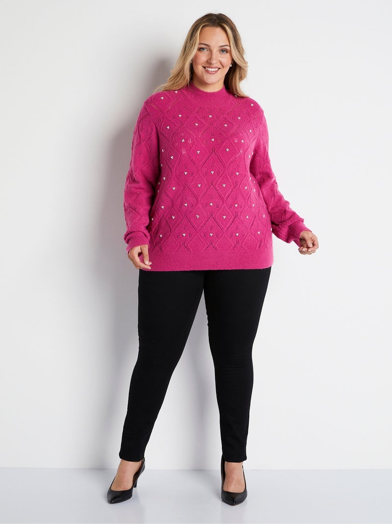 Pull doux ajouré perlé col montant - Afibel Rose - Kiabi