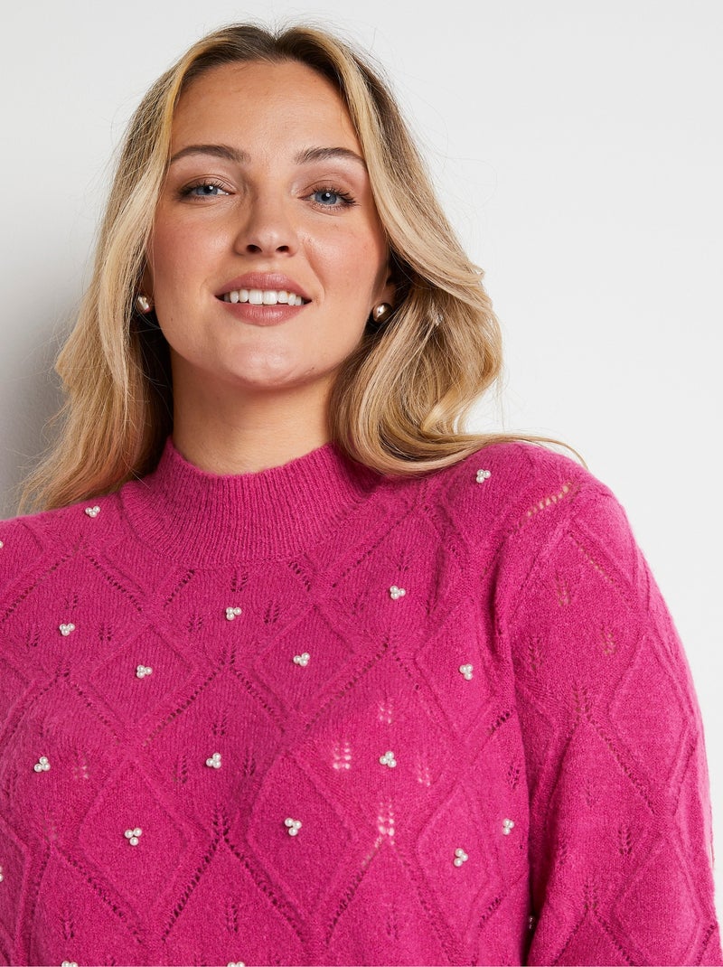 Pull doux ajouré perlé col montant - Afibel Rose - Kiabi