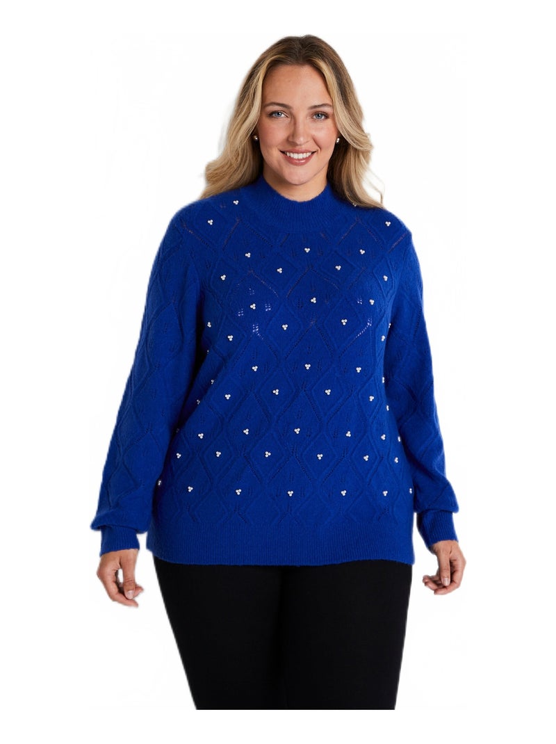 Pull doux ajouré perlé col montant Bleu - Kiabi