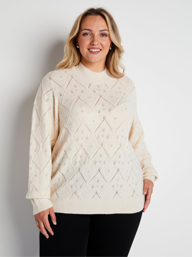 Pull doux ajouré perlé col montant Ecru - Kiabi