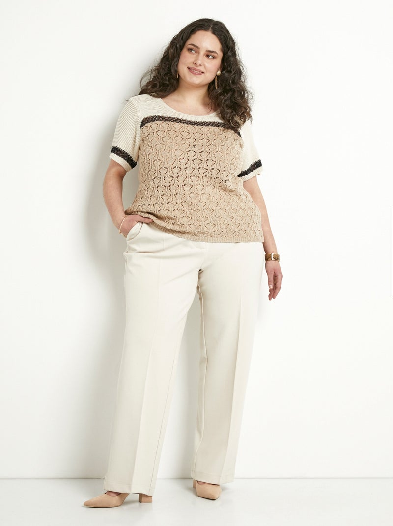 Pull doux brillant manches courtes col rond - Afibel Beige/Noir - Kiabi