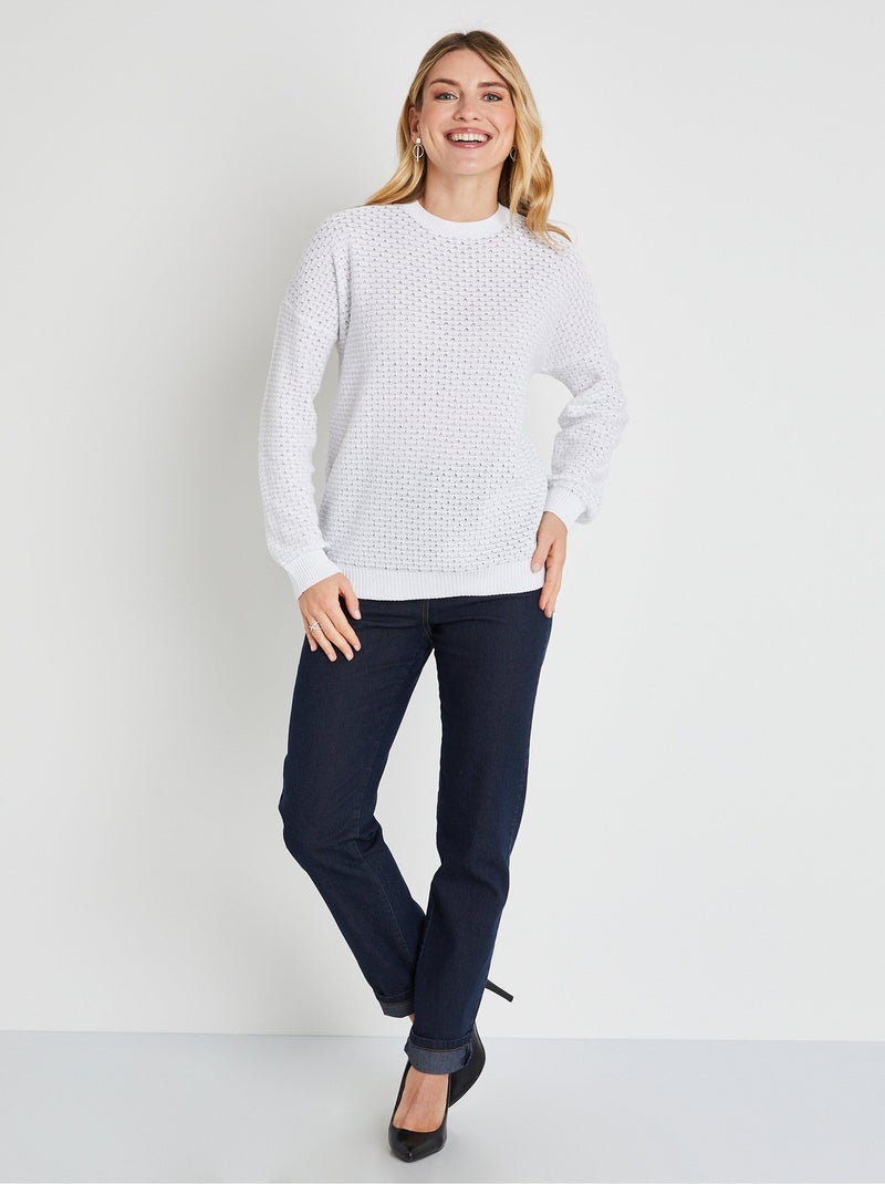 Pull doux brillant mélange coton col rond - Afibel Blanc - Kiabi