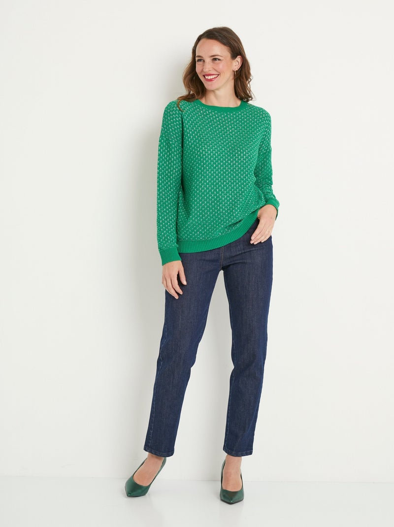 Pull doux brillant mélange coton col rond - Afibel Vert - Kiabi