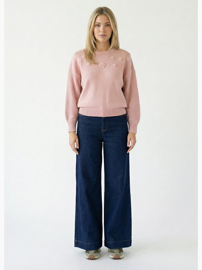 Pull doux brodé col rond - afibel Rose - Kiabi