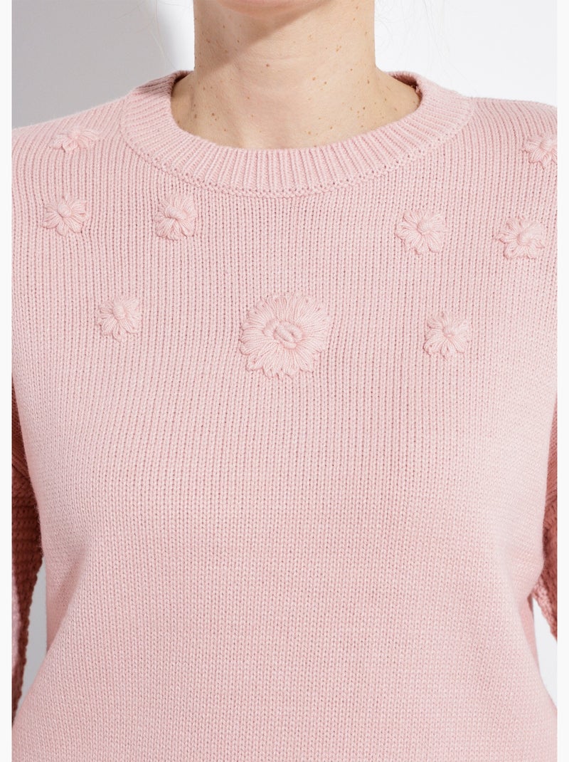 Pull doux brodé col rond - afibel Rose - Kiabi